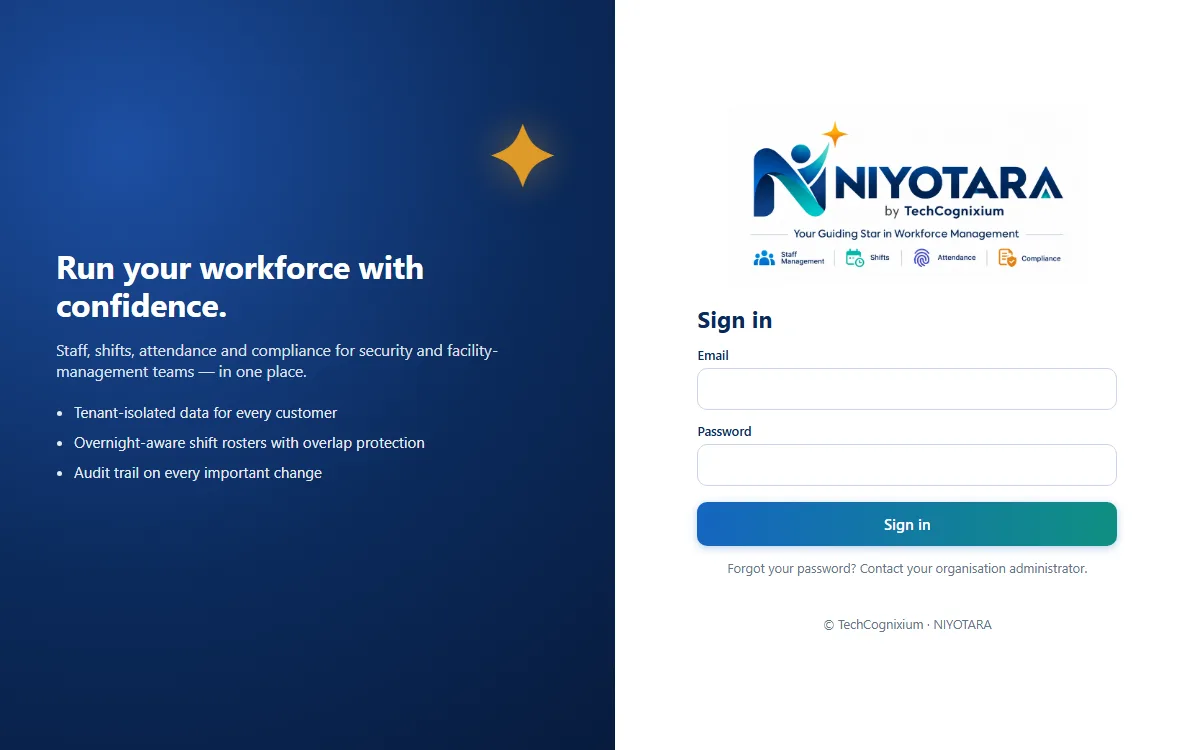 Preview of the NIYOTARA sign-in page: Run your workforce with confidence